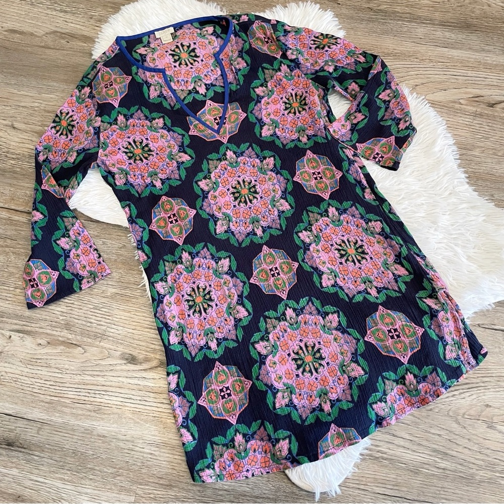 J. Crew Navy Swim Coverup with Pink and Green Floral Medallions